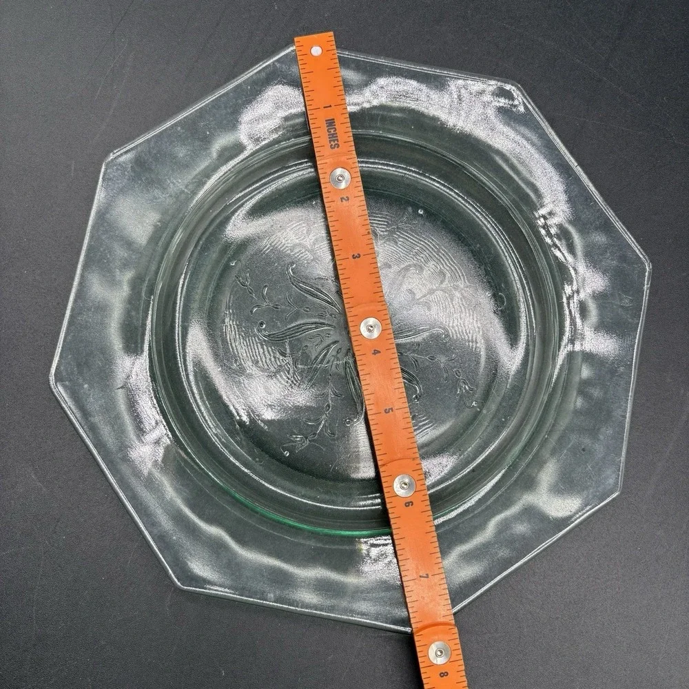 Vintage Uranium Vaseline Glass Octagonal Plate Floral Etched 7.5